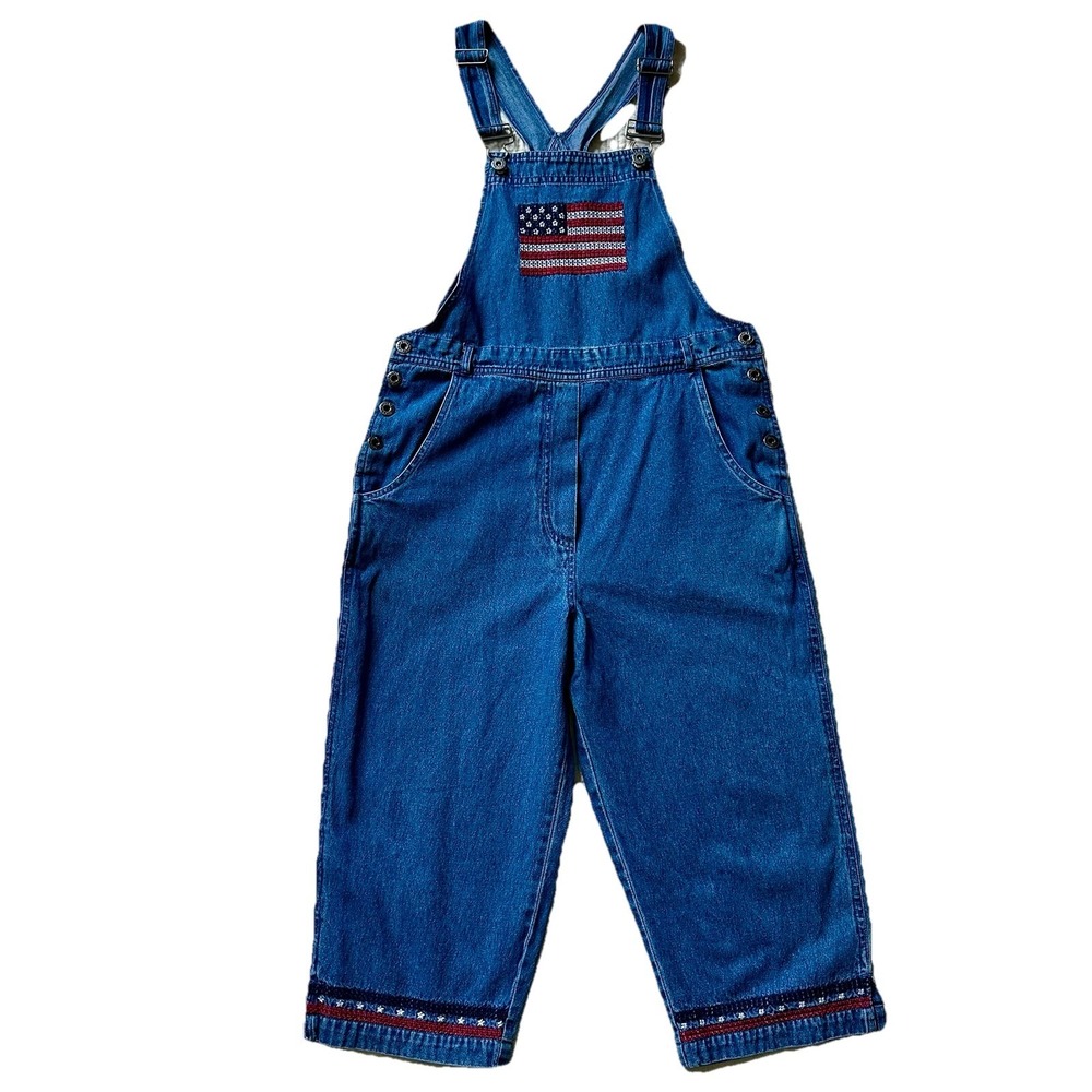 VTG 1990s Agapo Denim Overalls Women's Small American‎ Flag USA Embroidered Y2K